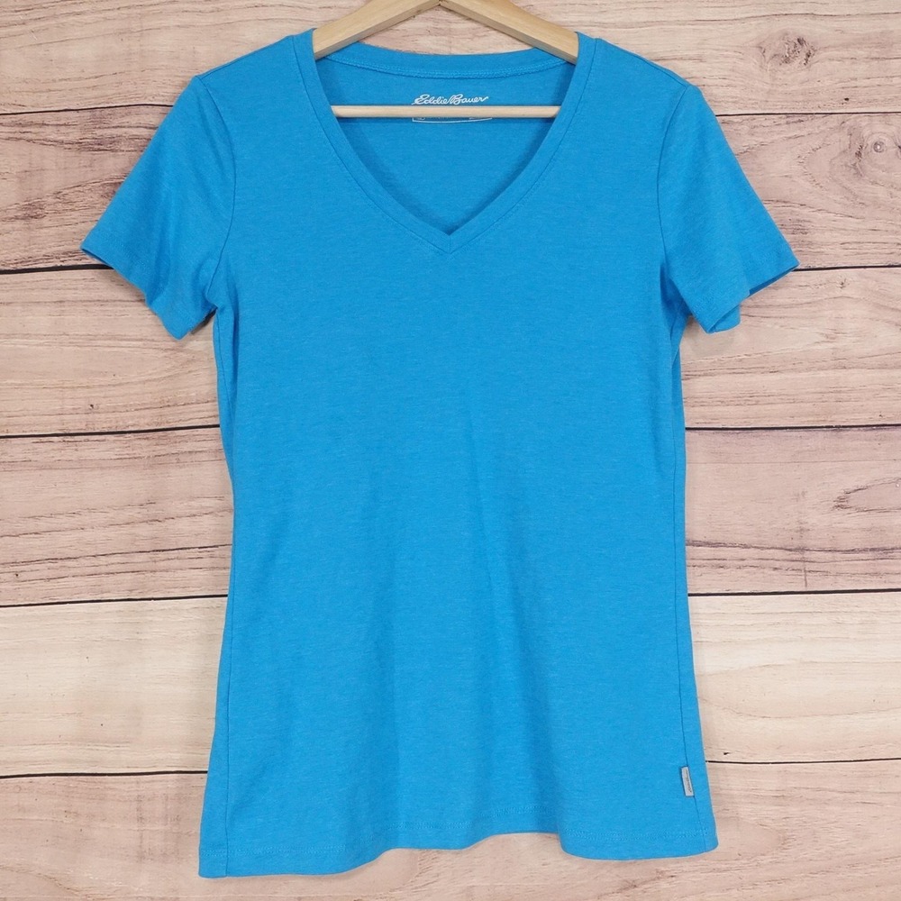 Eddie Bauer T-Shirt Womens M Blue V-Neck Short Sleeve Jersey Cotton Blend Top